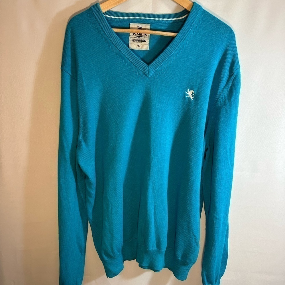 Express 100% Cotton Light Blue Knit Long Sleeve V Neck Pullover Sweater Size XL